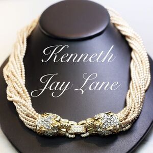Kenneth Jay Lane Crystal Panther Doorknocker Seed Pearl Necklace *signed* EUC